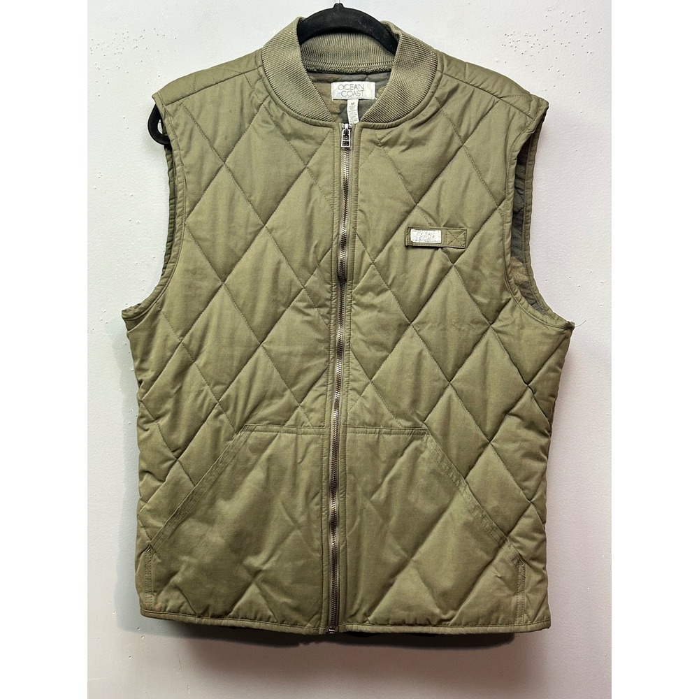 Ocean Coast Quilted Vest Mens M Green Diamond Stitch Camo Lined Full Zip Utility